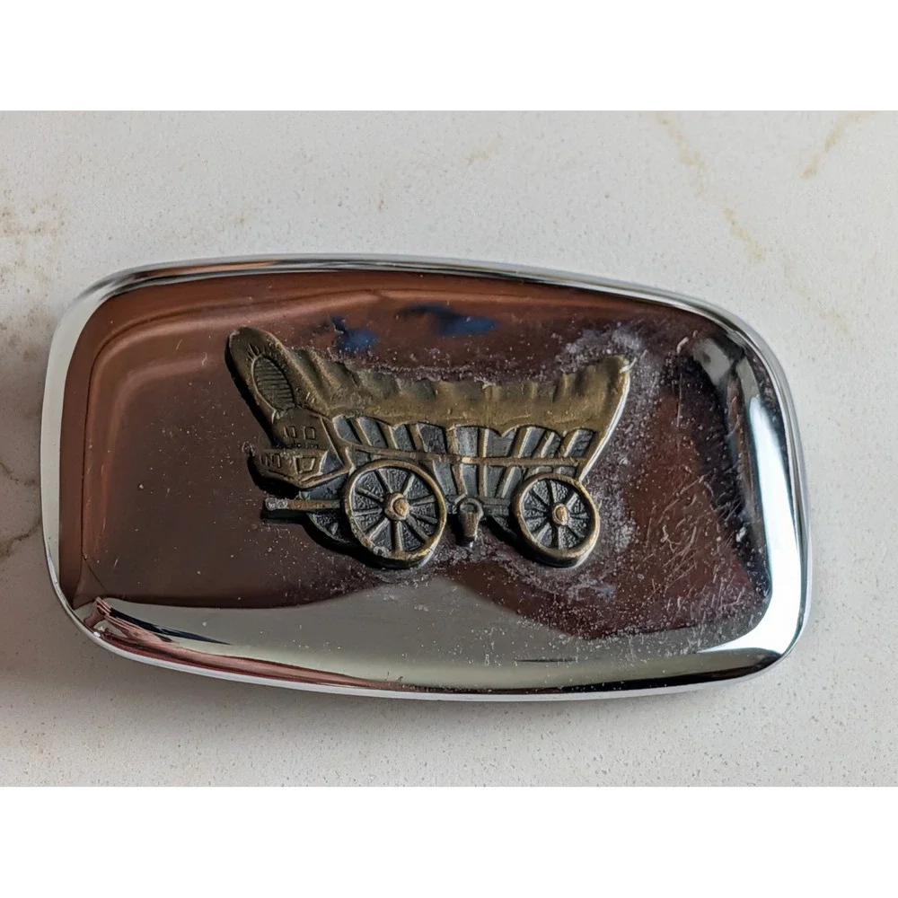 Vintage Covered Wagon Belt Buckle Made in USA Chrome Brass Tone Western Pioneer